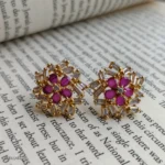 Ruby Crystal and Gold Starburst Earrings