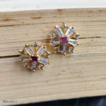 Ruby Stone in Center Baguette Crystal Starburst Earrings with Gold-Tone Prong Settings - Image 2