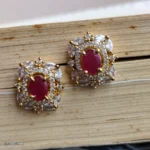 Gold-Tone Red Oval Stone and Crystal Statement Stud Earrings - Image 2