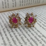 Gold-Tone Red Oval Stone and Crystal Statement Stud Earrings