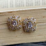 Gold-Tone White Oval Stone and Crystal Statement Stud Earrings - Image 2