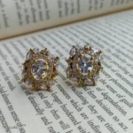 Gold-Tone White Oval Stone and Crystal Statement Stud Earrings