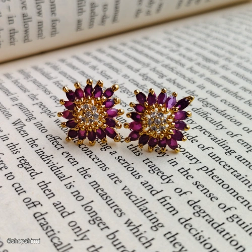 CHDAT21 Gold-Tone Ruby Crystal Floral Statement Stud Earrings Gold-Tone Ruby Crystal Floral Statement Stud Earrings - Image 1