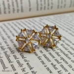 Gold-Tone Clear Stone Floral Style with Petals Stud Earrings for Women