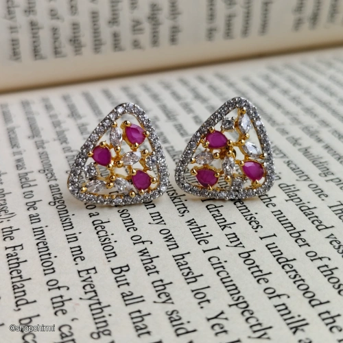 CHDAT27 Gold-Tone Pink Stone Clear Crystal Triangle Stud Earrings for Women Gold-Tone Pink Stone Clear Crystal Triangle Stud Earrings for Women - Image 1