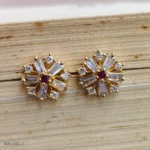 Gold-Tone Pink Stone Clear Baguette Crystal Floral Stud Earrings for Women - Image 2