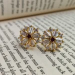 Gold-Tone Pink Stone Clear Baguette Crystal Floral Stud Earrings for Women