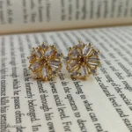 Gold-Tone Yellow Stone Clear Baguette Crystal Floral Stud Earrings for Women