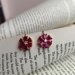 Ruby Floral Red Stone Earrings with Curved Lever Back - Image 2