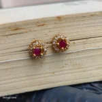 Gold-Tone Red Stone CZ Halo Stud Earrings - Image 2