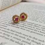 Gold-Tone Red Stone CZ Halo Stud Earrings