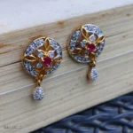 Gold-Tone Floral CZ Drop Earrings with Red Stone