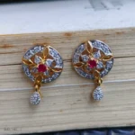 Gold-Tone Floral CZ Drop Earrings with Red Stone - Image 2