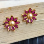 Gold-Tone Floral Stud Earrings with Pink Marquise Stones & Pearl Center - Image 2
