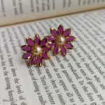 Gold-Tone Floral Stud Earrings with Pink Marquise Stones & Pearl Center