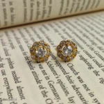 Gold-Toned CZ Floral Stud Earrings | Round Crystal Statement Earrings for Women