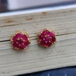 Red Gemstone Cluster Stud Earrings – Elegant Gold-Tone Fashion Jewelry - Image 2