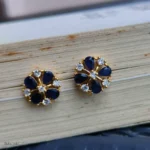 Elegant Blue Gemstone Stud Earrings with Crystal Accents - Image 2
