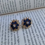 Blue Flower Crystal Stud Earrings – Elegant Gold-Tone Fashion Jewelry