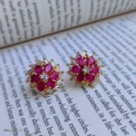 Red Flower Crystal Stud Earrings – Elegant Gold-Tone Fashion Jewelry