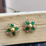 Green Stone with Pearl in center Floral Stud Earrings for Women - Image 2