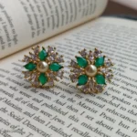 Green Stone with Pearl in center Floral Stud Earrings for Women