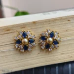 Blue Stone with Pearl in center Floral Stud Earrings for Women - Image 2