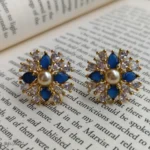 Blue Stone with Pearl in center Floral Stud Earrings for Women