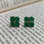 Gold-Toned Green Stone Stud Earrings | Faceted Green Gemstone Earrings for Women