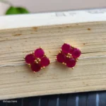 Gold-Toned Red Stone Stud Earrings | Faceted Red Gemstone Earrings for Women - Image 2