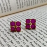 Gold-Toned Red Stone Stud Earrings | Faceted Red Gemstone Earrings for Women