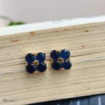 Gold-Toned Blue Stone Stud Earrings | Faceted Blue Gemstone Earrings for Women - Image 2