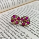 Red stone CZ Floral Stud Earrings | Sparkling Crystal Flower Earrings for Women
