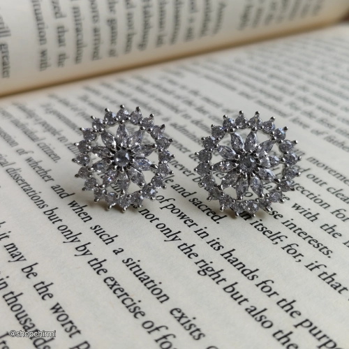 CHTT35 Silver Floral Crystal Stone Stud Earrings for Women Silver Floral Crystal Stone Stud Earrings for Women - Image 1