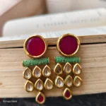 Red Green Teardrop Kundan Stone Earrings - Image 2
