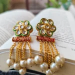 Green Red Floral Pearl Chain Earrings - Image 2