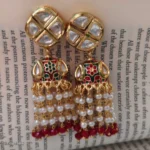 Geometric tops and Jhumka with Drop Pearls in Red color