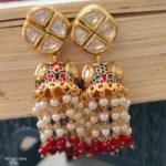Geometric tops and Jhumka with Drop Pearls in Red color - Image 2