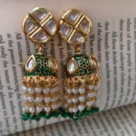 Geometric tops and Jhumka with Drop Pearls in Green color