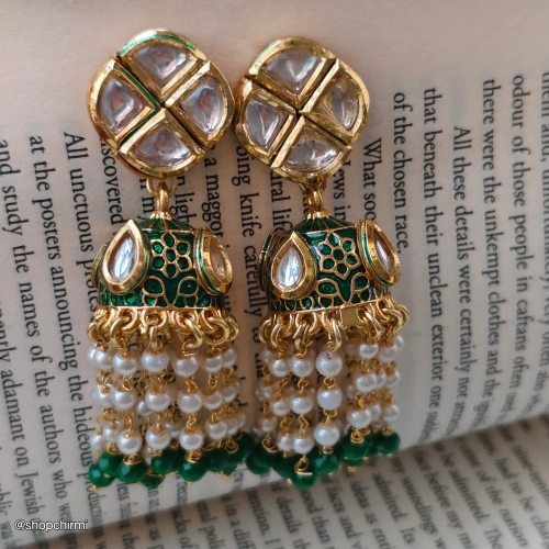 CHBE06 Geometric tops and Jhumka with Drop Pearls in Green color (1) Geometric tops and Jhumka with Drop Pearls in Green color - Image 1