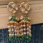 Geometric tops and Jhumka with Drop Pearls in Green color - Image 2