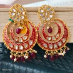 Red Chandbali Kundan Earrings - Image 2