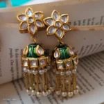 Star stone studded Green Jhumka with Drop Pearls - Image 2