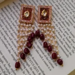 Red Meenakari studs with pearls in long chain - Image 2