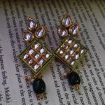 Leaf Stud Square Tiled Kundan with Pearl Drop Earring