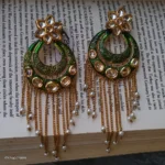 Green Chandbali Kundan Earrings with Long Chain and Pearl