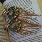 Green Chandbali Kundan Earrings with Long Chain and Pearl - Image 2