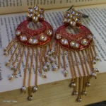 Red Chandbali Kundan Earrings with Long Chain and Pearl - Image 2