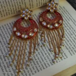 Red Chandbali Kundan Earrings with Long Chain and Pearl