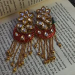Nature inspired Kundan Earrings with long chain in Red Color - Image 2